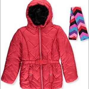 Belted Puffer Jacket with Chevron Scarf Berry Pink